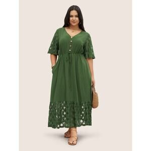 5X 28 Plus Size BloomChic Green V Neck Pocket Midi Dress Ruffle Sleeve Cotton